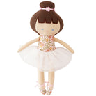 Ballerina doll with a floral dress, white tulle tutu, and pink ribboned shoes.
