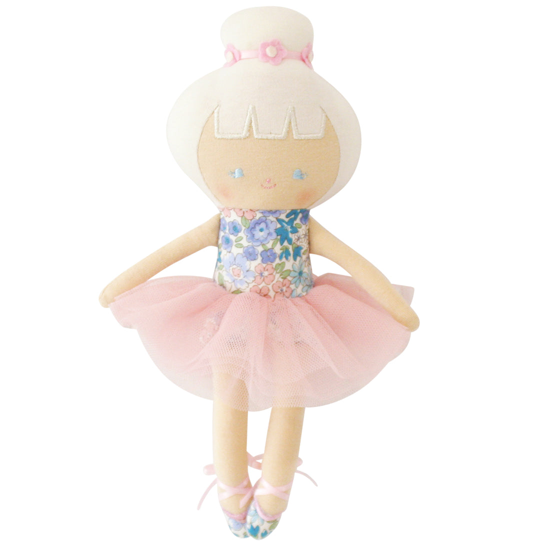 Stuffed ballerina doll with pink tutu and floral dress.