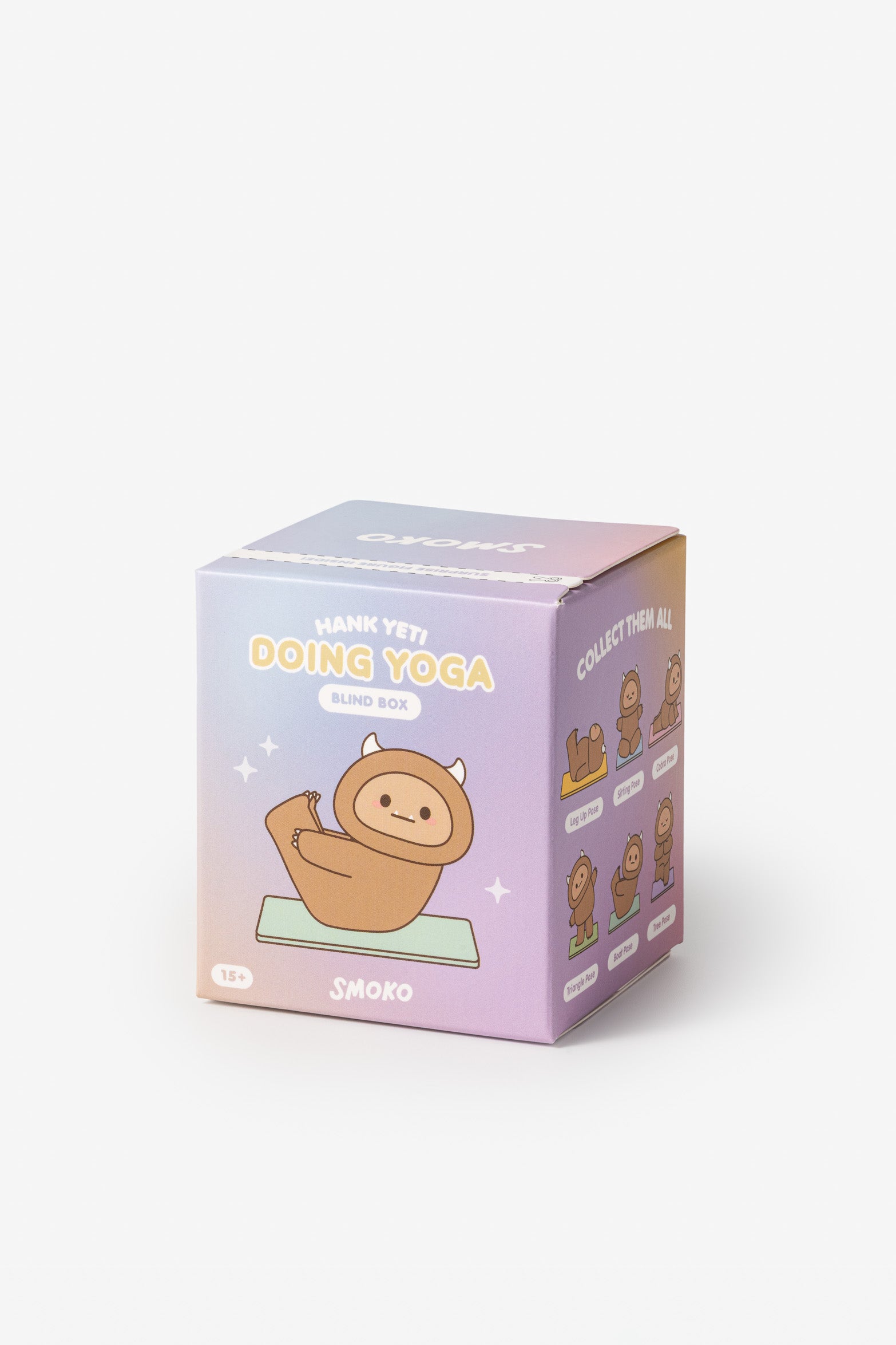 Product shot of a purple SMOKO Hank Yeti "Doing Yoga" blind box, featuring a cartoon yeti in a yoga pose on a green mat, along with the names of other yoga poses.