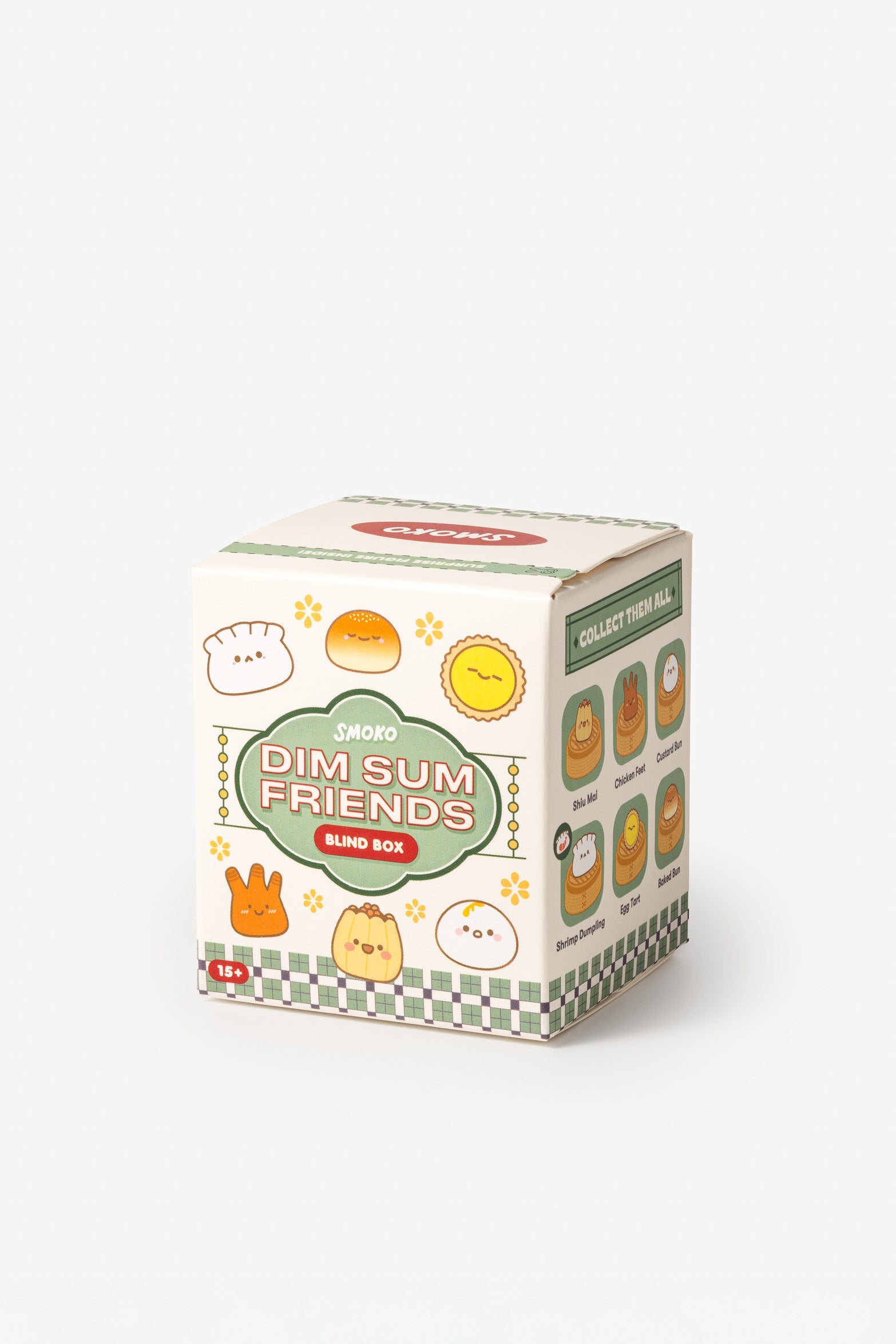 Close-up of a 'Smoko Dim Sum Friends' blind box, featuring cute cartoon dim sum characters on a white cube against a plain background.