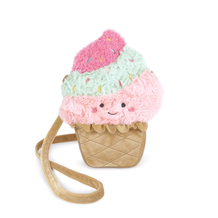 Plush ice cream cone purse with shoulder strap. Pink, mint, and strawberry flavored.