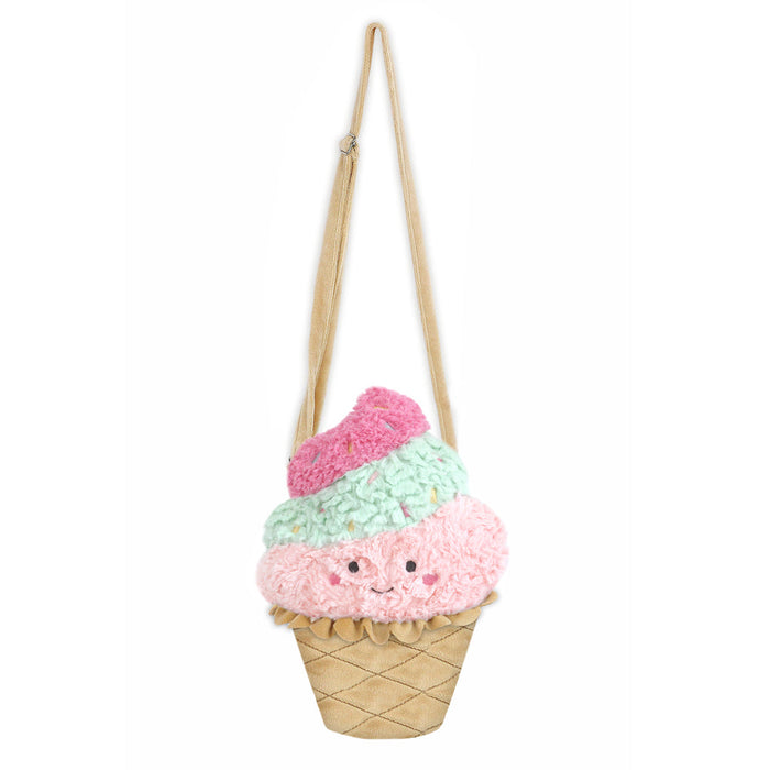 Ice cream cone-shaped shoulder bag with pink, green, and pink scoops and beige strap.