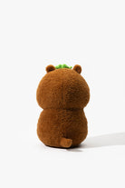 Back of brown plush bear toy.