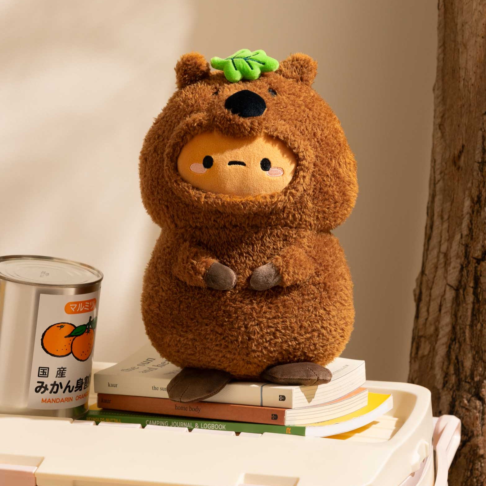 A plush tanuki toy sits on a stack of books next to a can of mandarin oranges.
