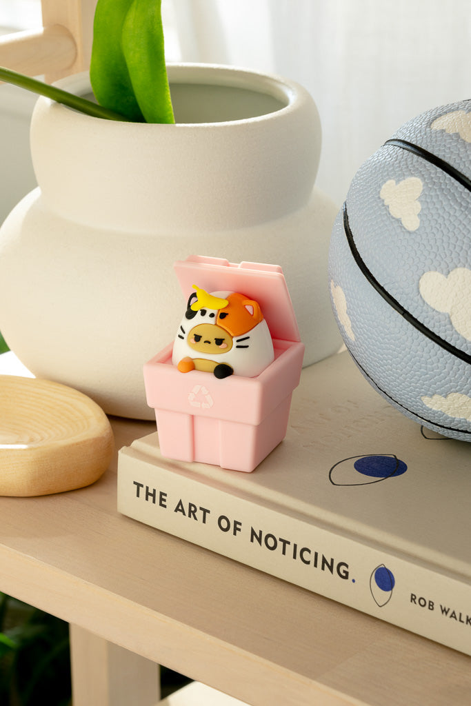 Product image of a pink container sitting atop a book, featuring a cartoon character of a cat in a colorful costume, with a decorative plant vase and cloud-patterned basketball in the background.