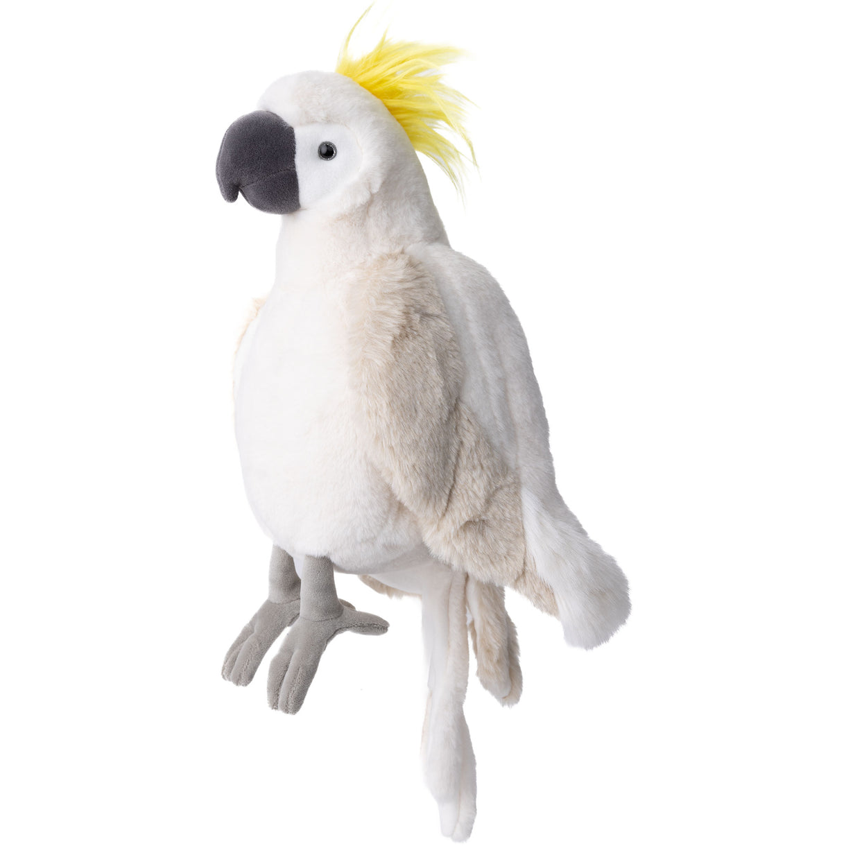 Plush toy parrot with a yellow crest on a white background