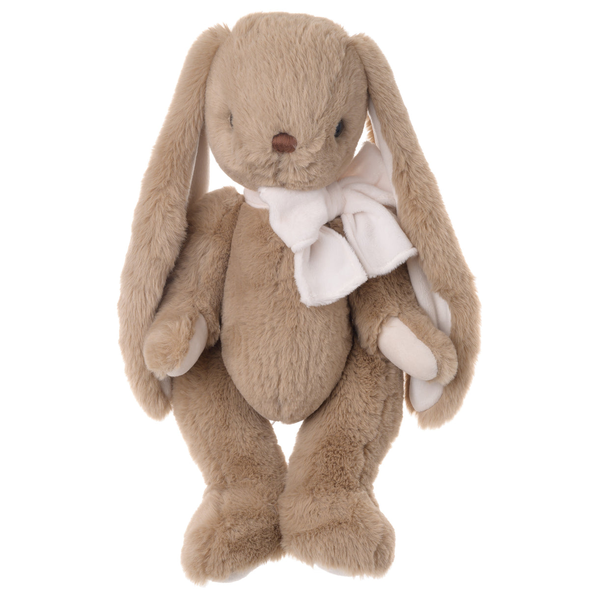 Plush toy rabbit with a white bow on a white background