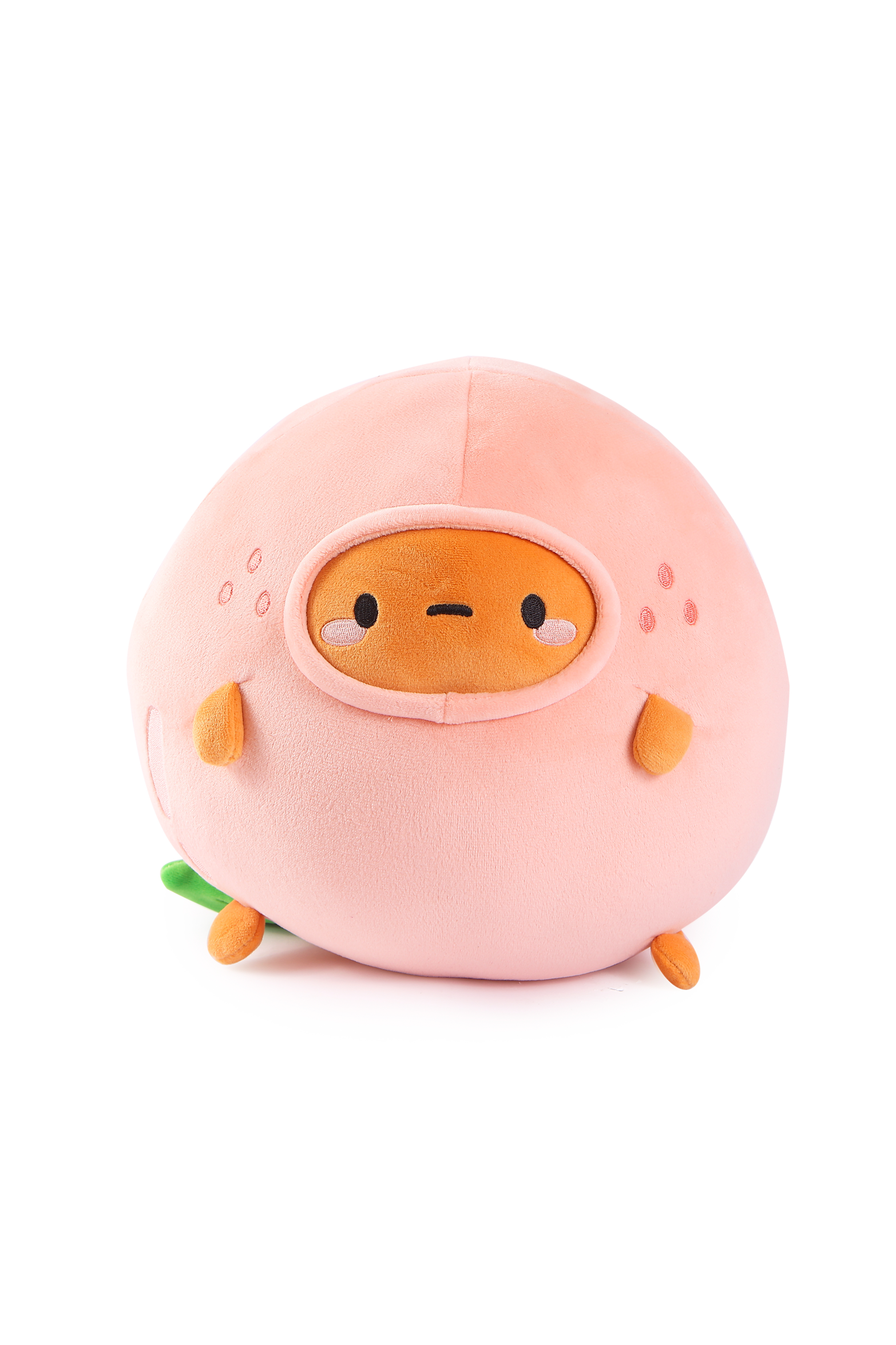 Round pink plush toy with orange face and small limbs.