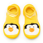 A pair of yellow penguin slipper socks.
