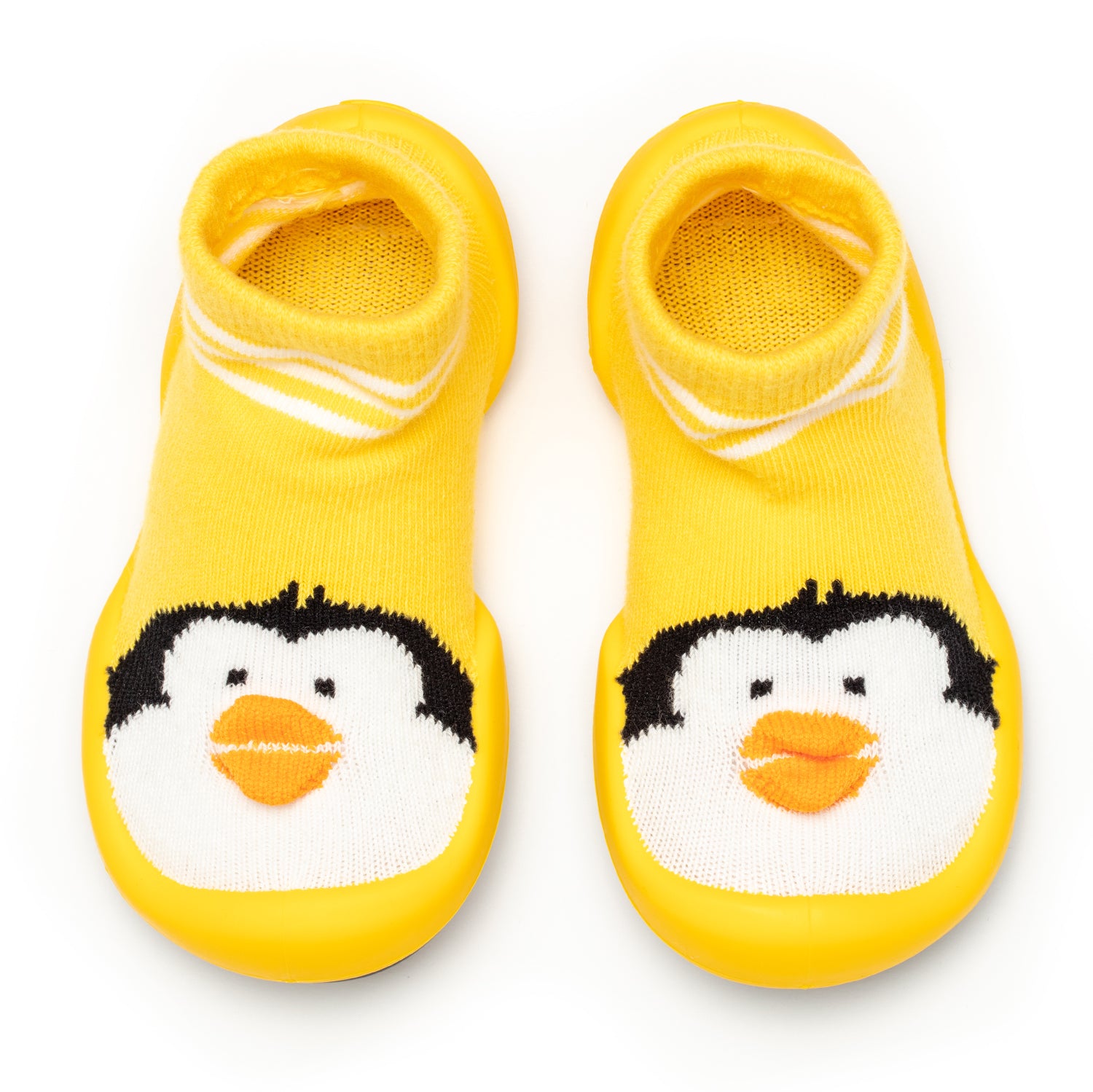 A pair of yellow penguin slipper socks.