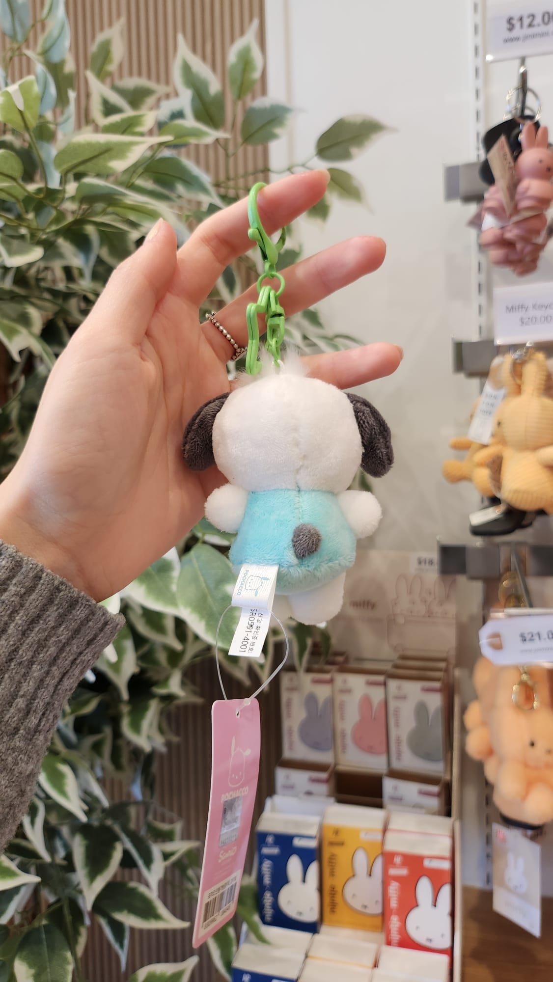 Close-up of a hand holding a small plush Pochacco keychain with a green clasp in a retail setting.