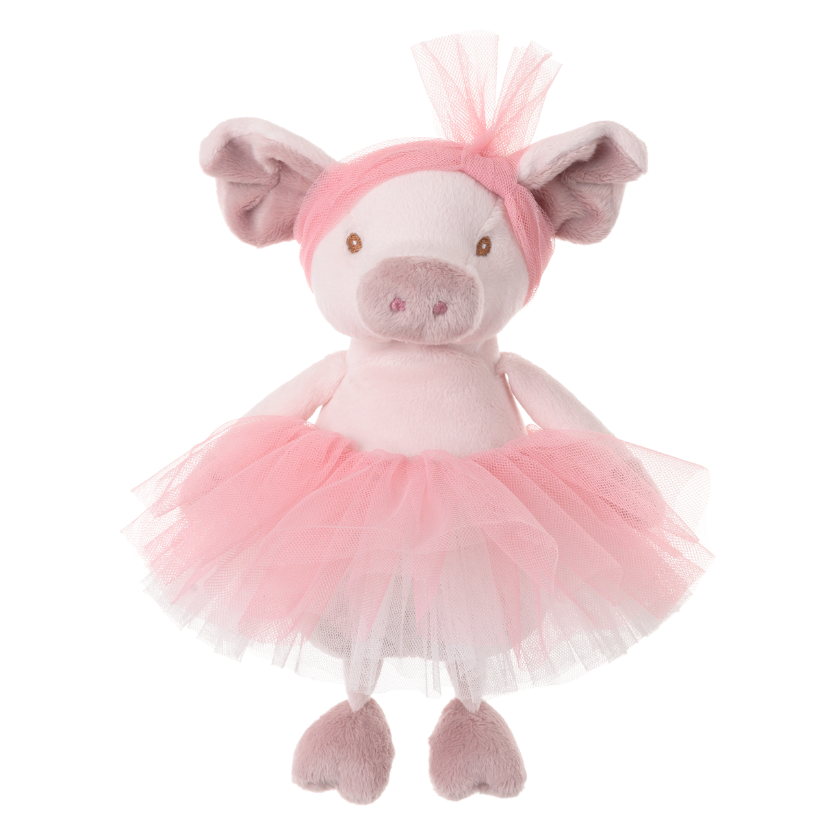 Plush toy pig in a pink tutu dress on a white background