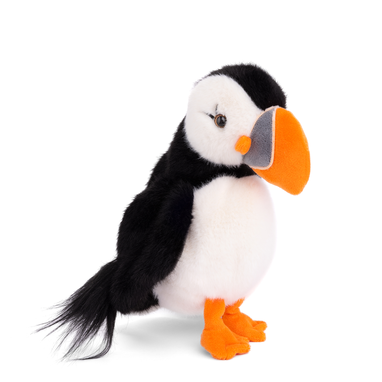 Plush toy puffin with black, white, and orange colors on a white background