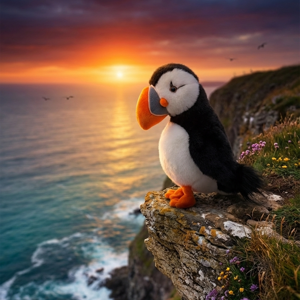 Puffin on a cliff overlooking the ocean at sunset