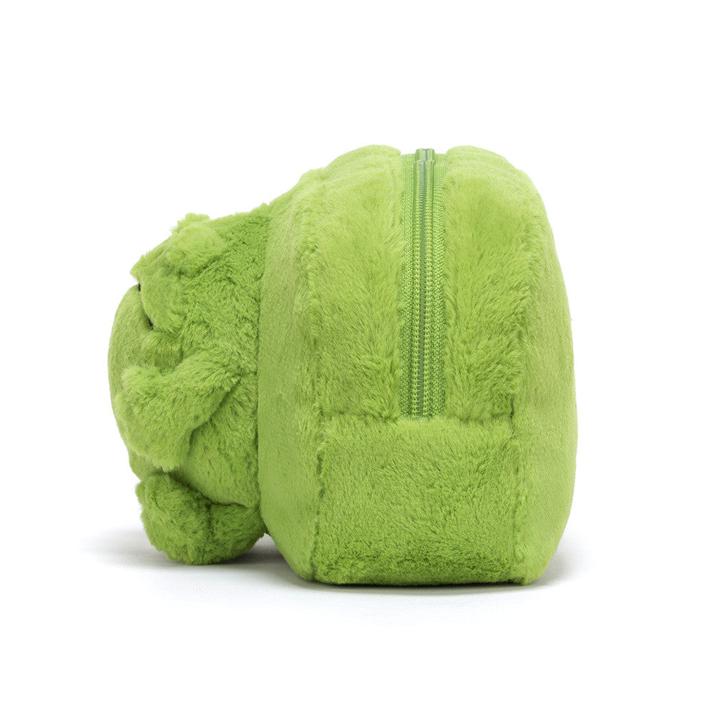 Green fluffy pouch with a zipper on a white background