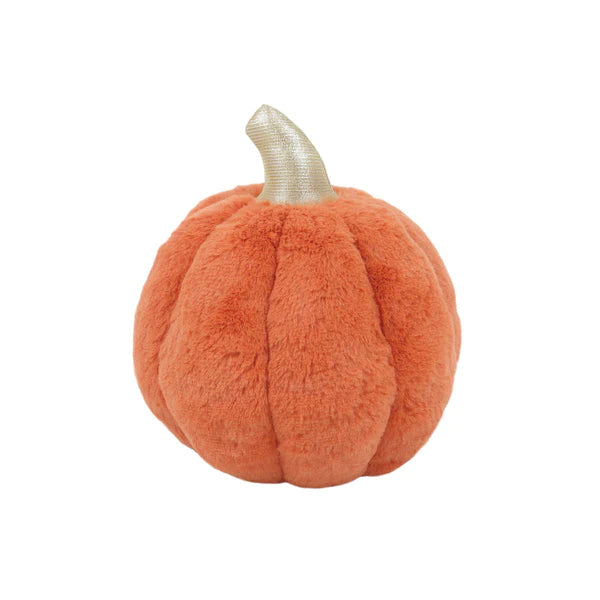 Orange, plush pumpkin with metallic gold stem.