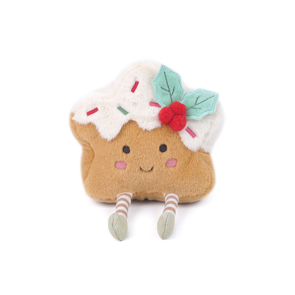 Stuffed cupcake plush with white frosting, sprinkles, holly berries, a smiling face, and striped legs.