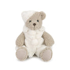 Teddy bear plush toy wearing a white hooded vest.