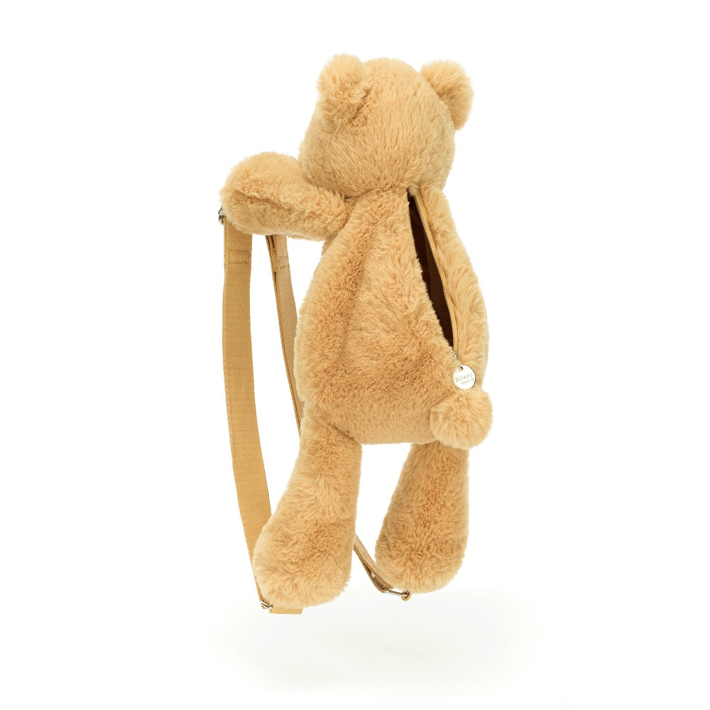 Tan plush teddy bear backpack with straps.