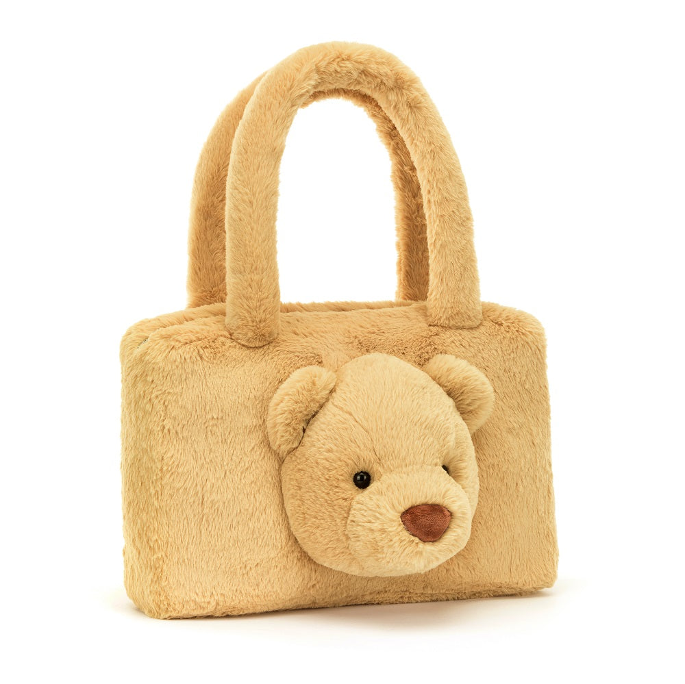 Tan faux-fur tote bag with bear face.
