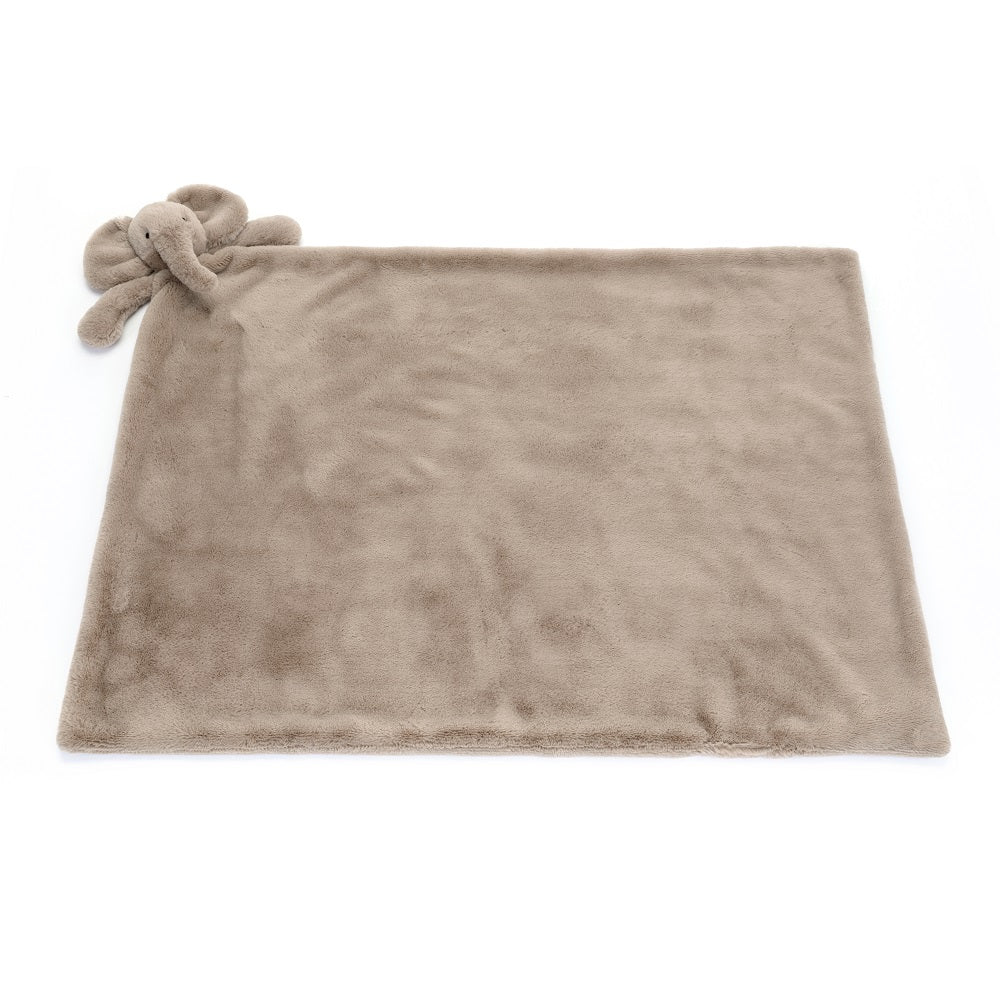 Tan plush baby blanket with elephant head toy.