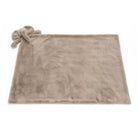 Tan plush baby blanket with elephant head toy.