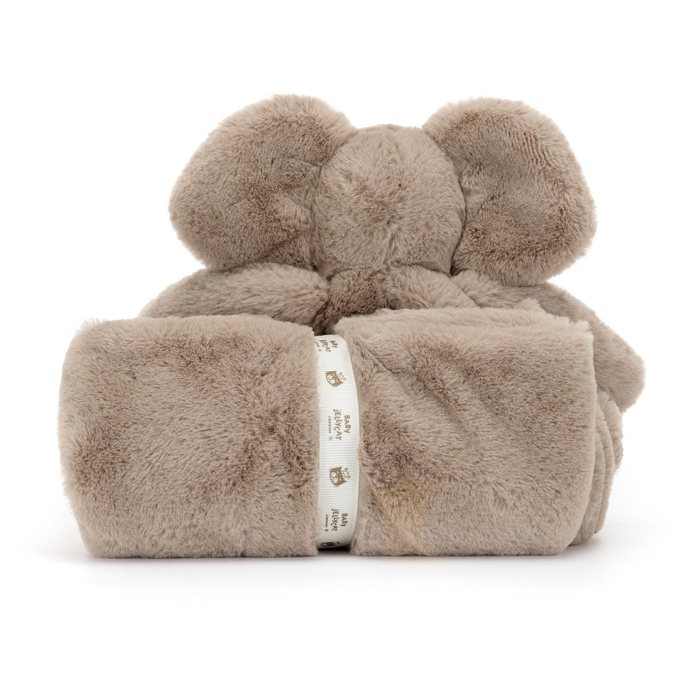 Gray stuffed elephant toy with blanket.