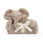 Stuffed elephant wrapped with a ribbon.