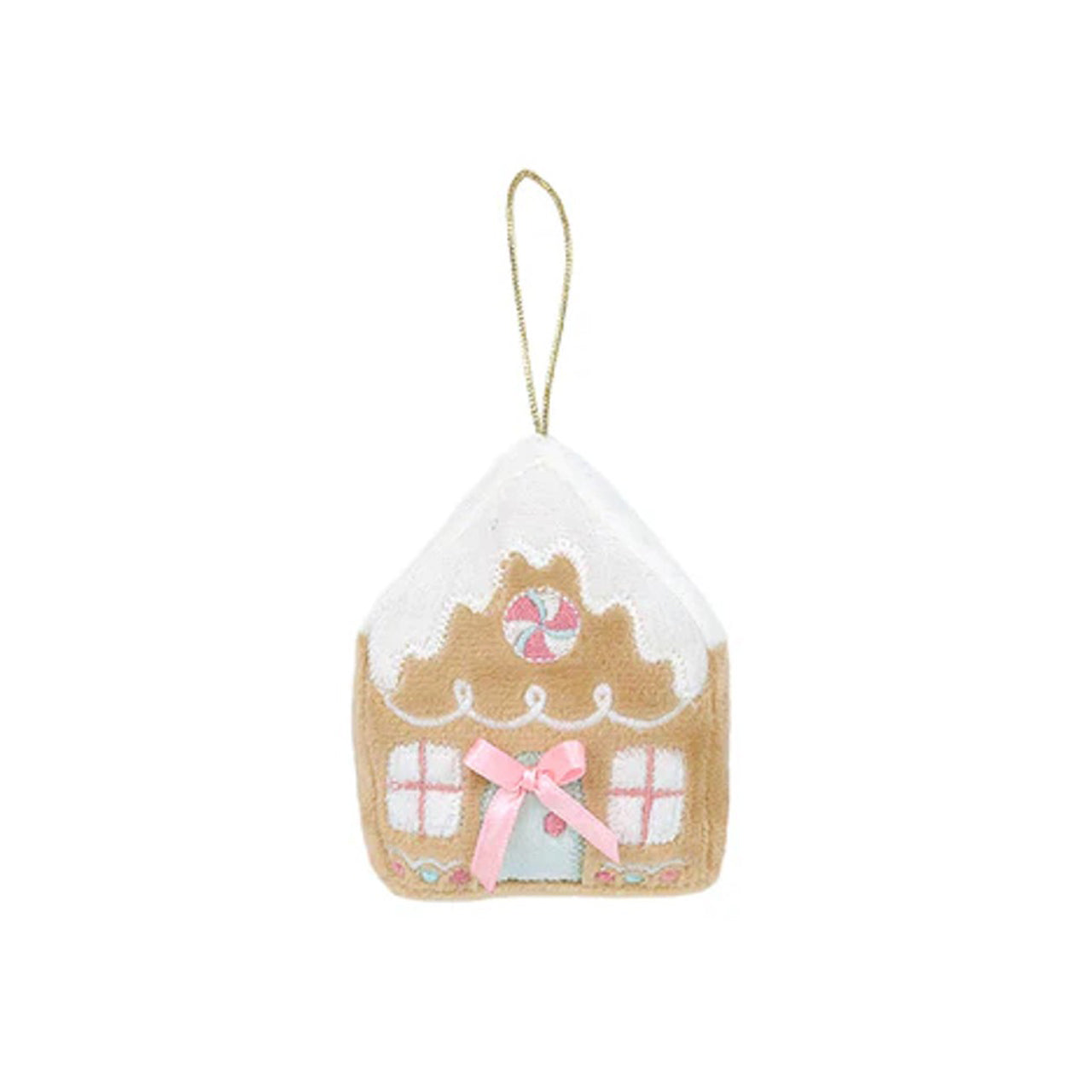 Plush gingerbread house ornament.