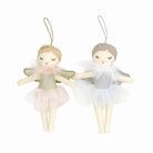 Two fairy doll ornaments: left, gold and pink; right, silver and white.