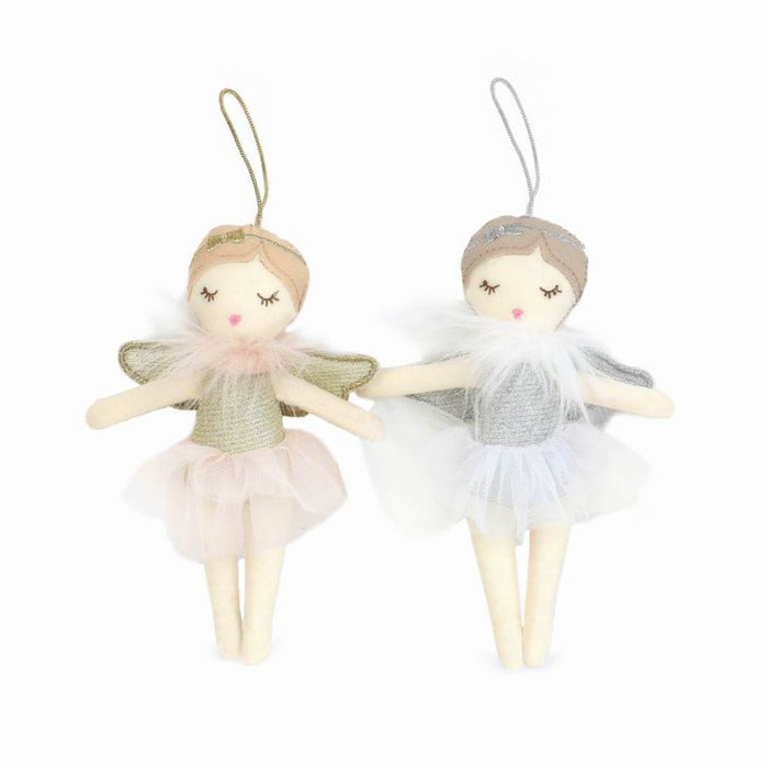 Two fairy doll ornaments: left, gold and pink; right, silver and white.