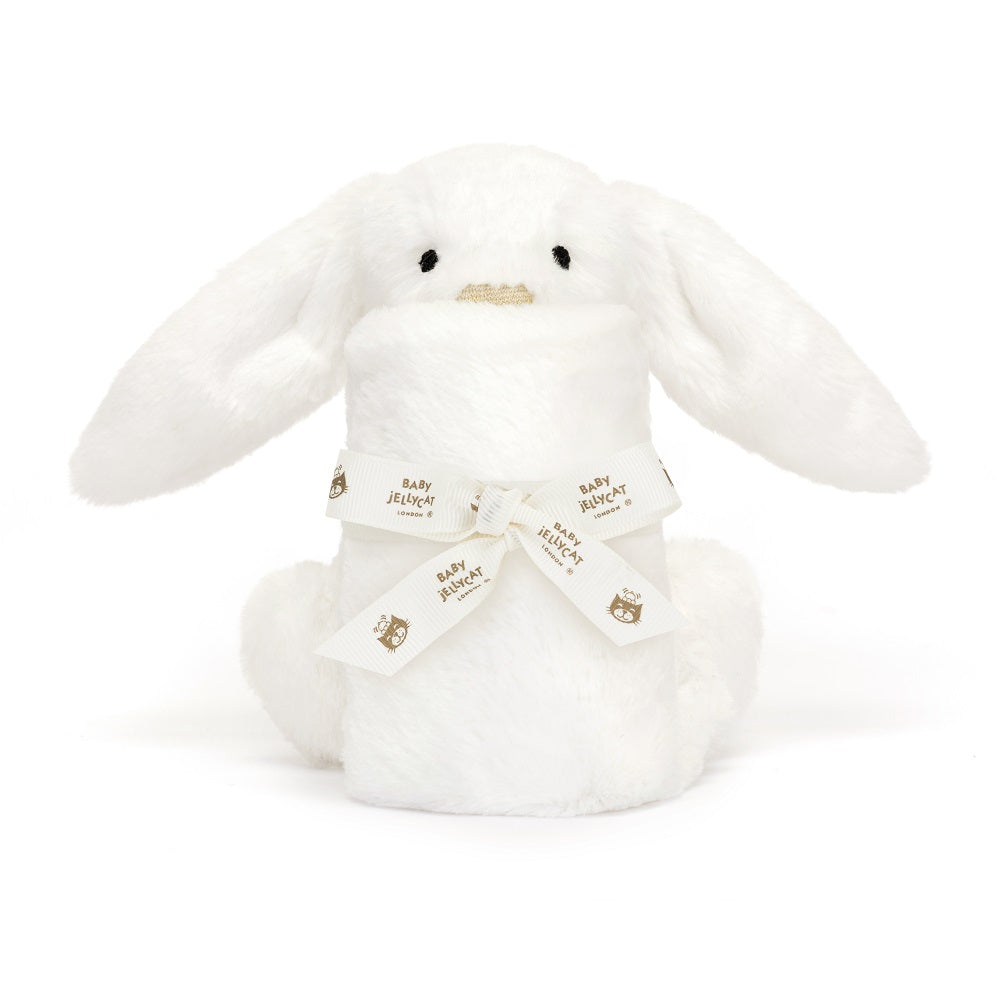 White plush bunny tied with "Baby Jellycat" ribbon.