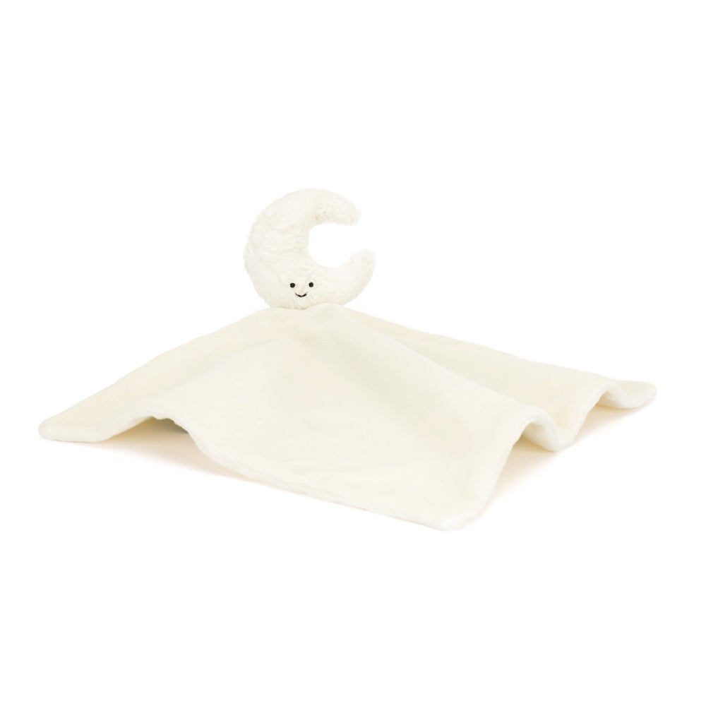 Off-white plush moon comforter with smiling face.