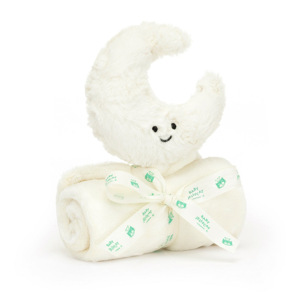 Cream plush moon and blanket tied with a ribbon.