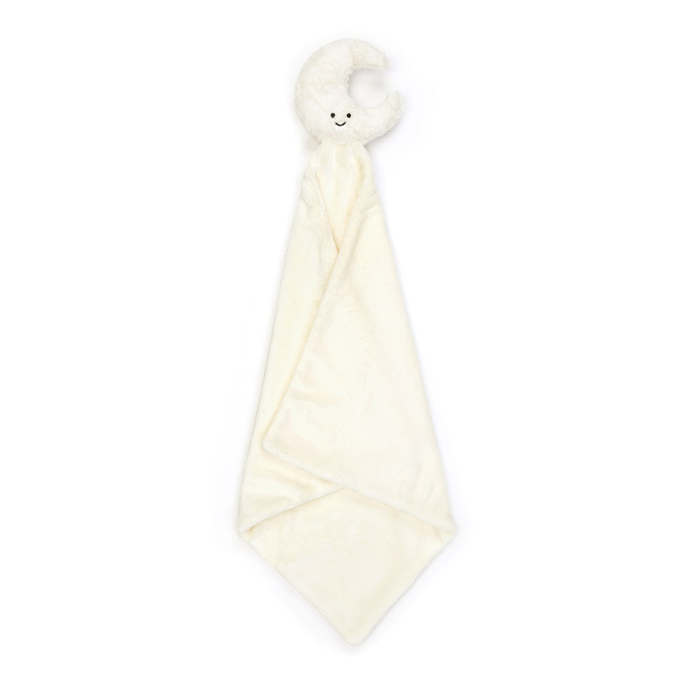 Cream-colored plush blanket with crescent moon doll.