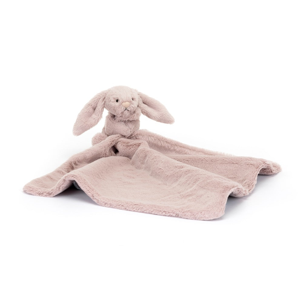 Beige bunny-head plush comfort blanket.