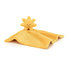 Yellow sun-shaped plush baby lovey on white background.