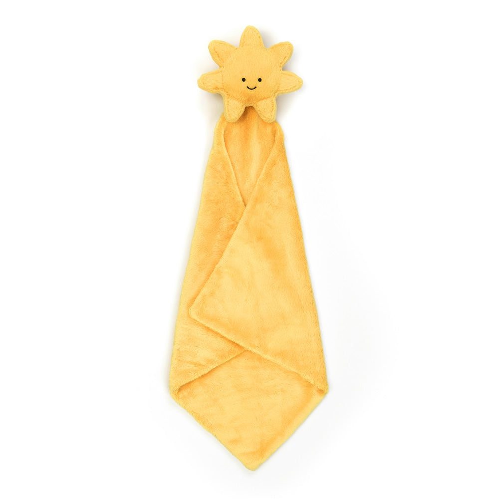 Yellow baby towel with sun plush toy.