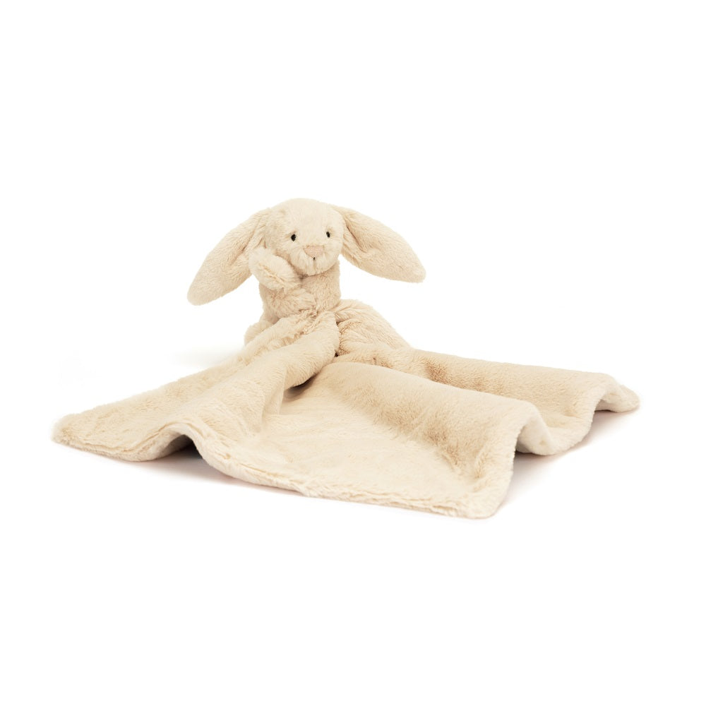 Beige plush bunny lovey on a white background.