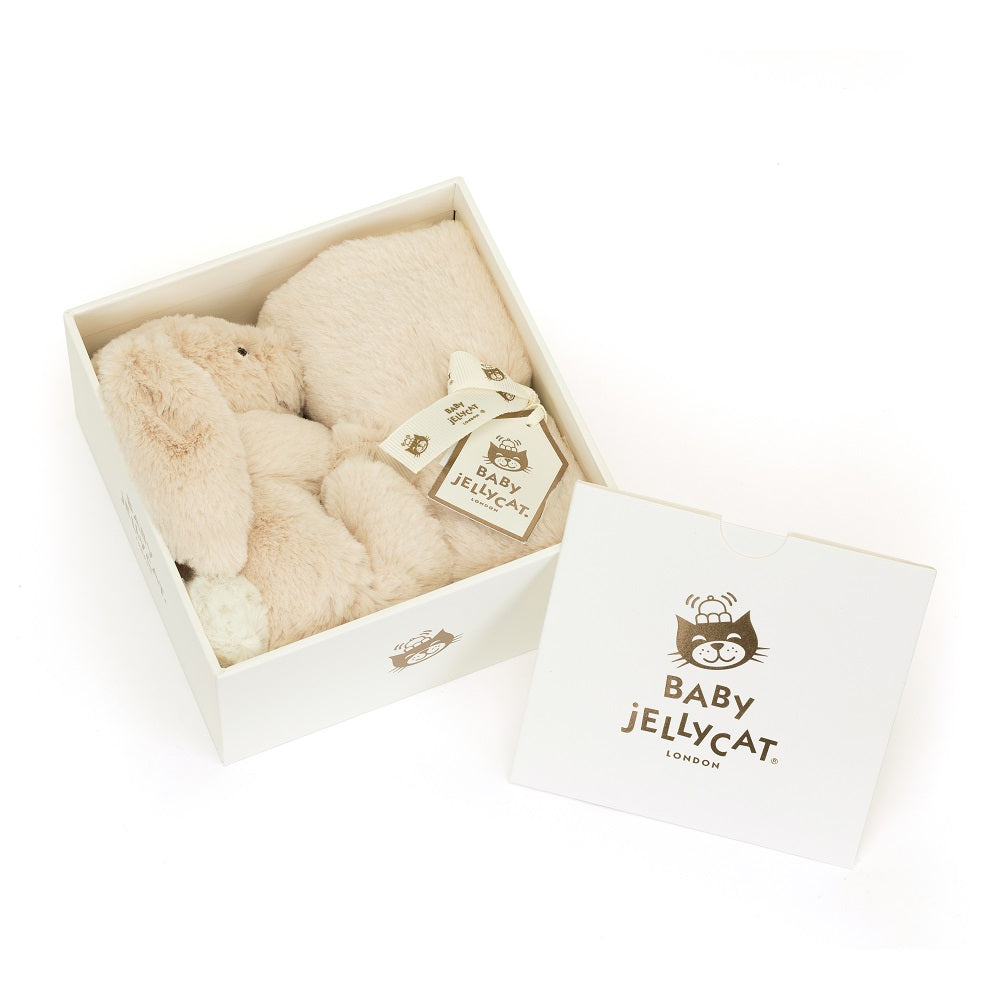 Beige bunny plush toy in a white box with a matching lid.