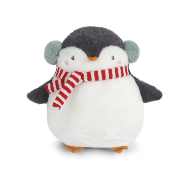 Plush penguin with earmuffs and a striped scarf.