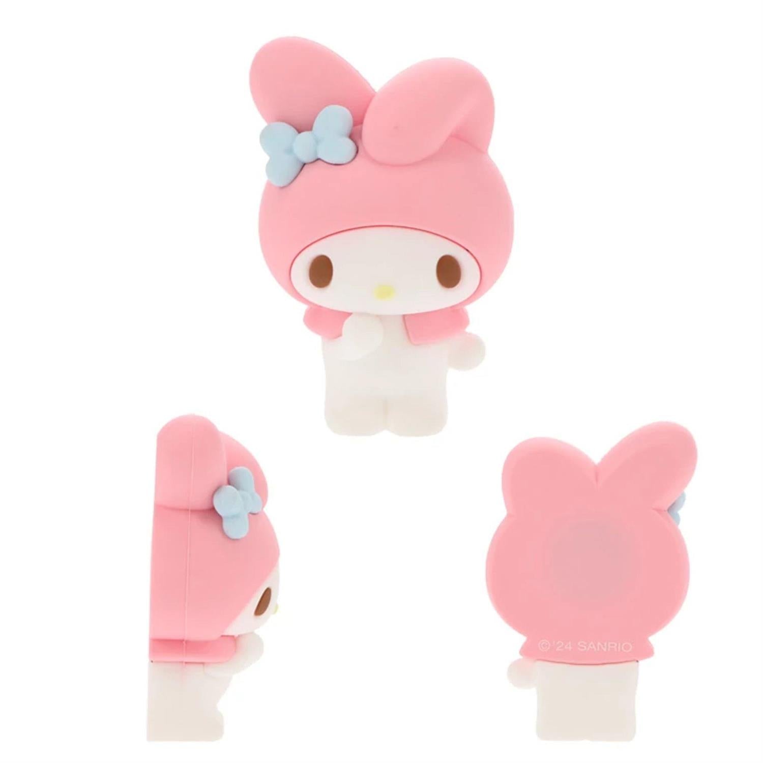 Three angles of a My Melody figure with a pink hood and a blue bow.