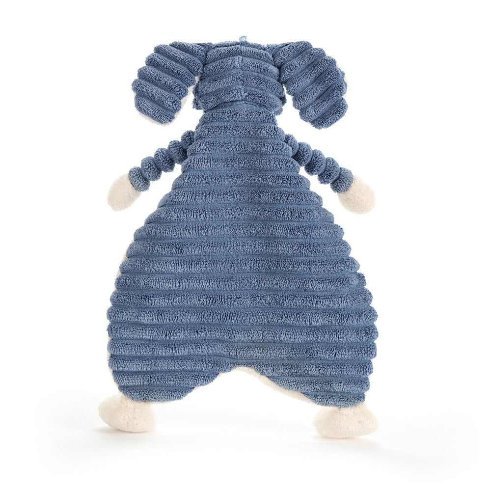 Blue corduroy elephant plush toy with cream accents.