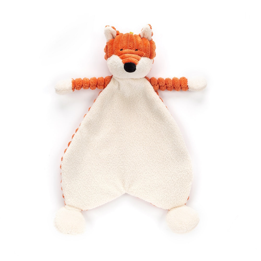 Orange and white plush fox comforter toy.