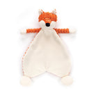 Orange and white plush fox comforter toy.