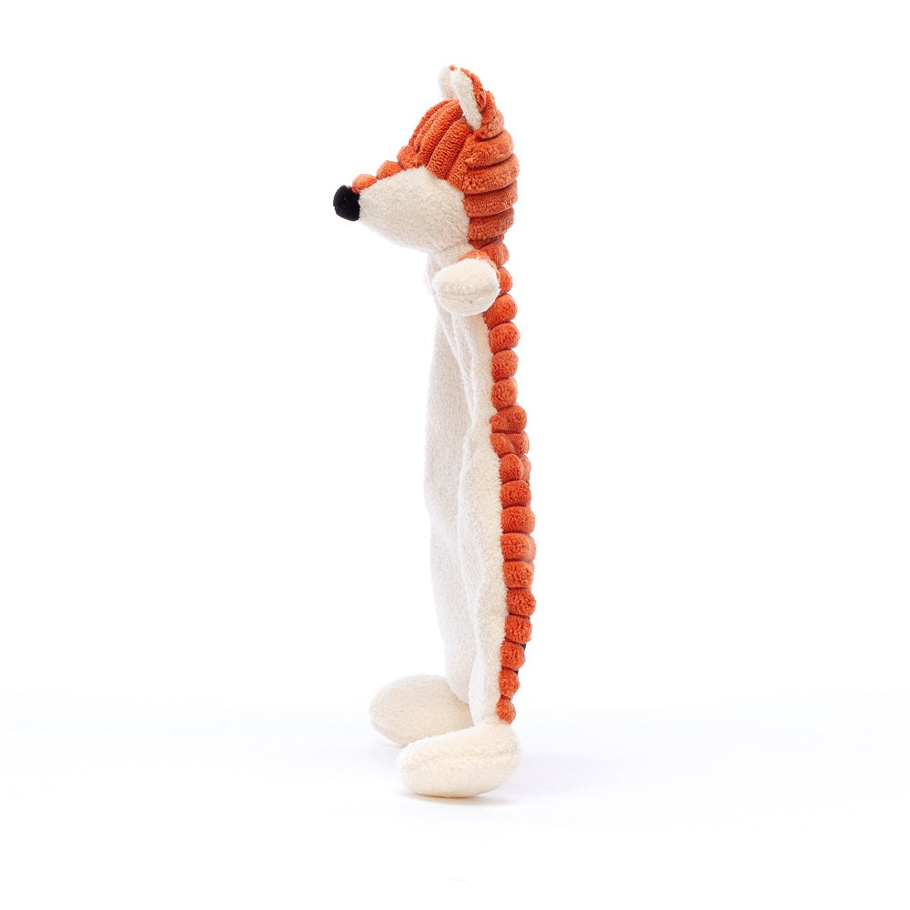 A stuffed fox animal toy, made of corduroy and soft white fur.