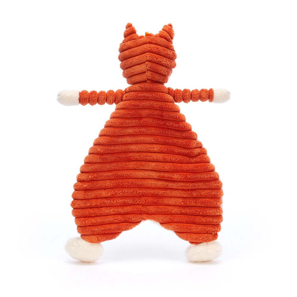 Orange corduroy fox-shaped plush toy with white extremities.