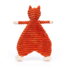 Orange corduroy fox-shaped plush toy with white extremities.