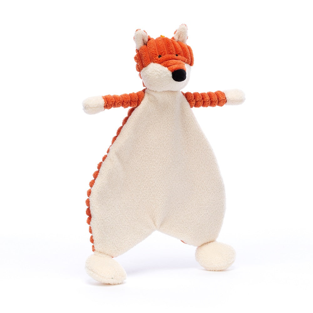 Stuffed fox with orange corduroy head and arms, and cream-colored body.