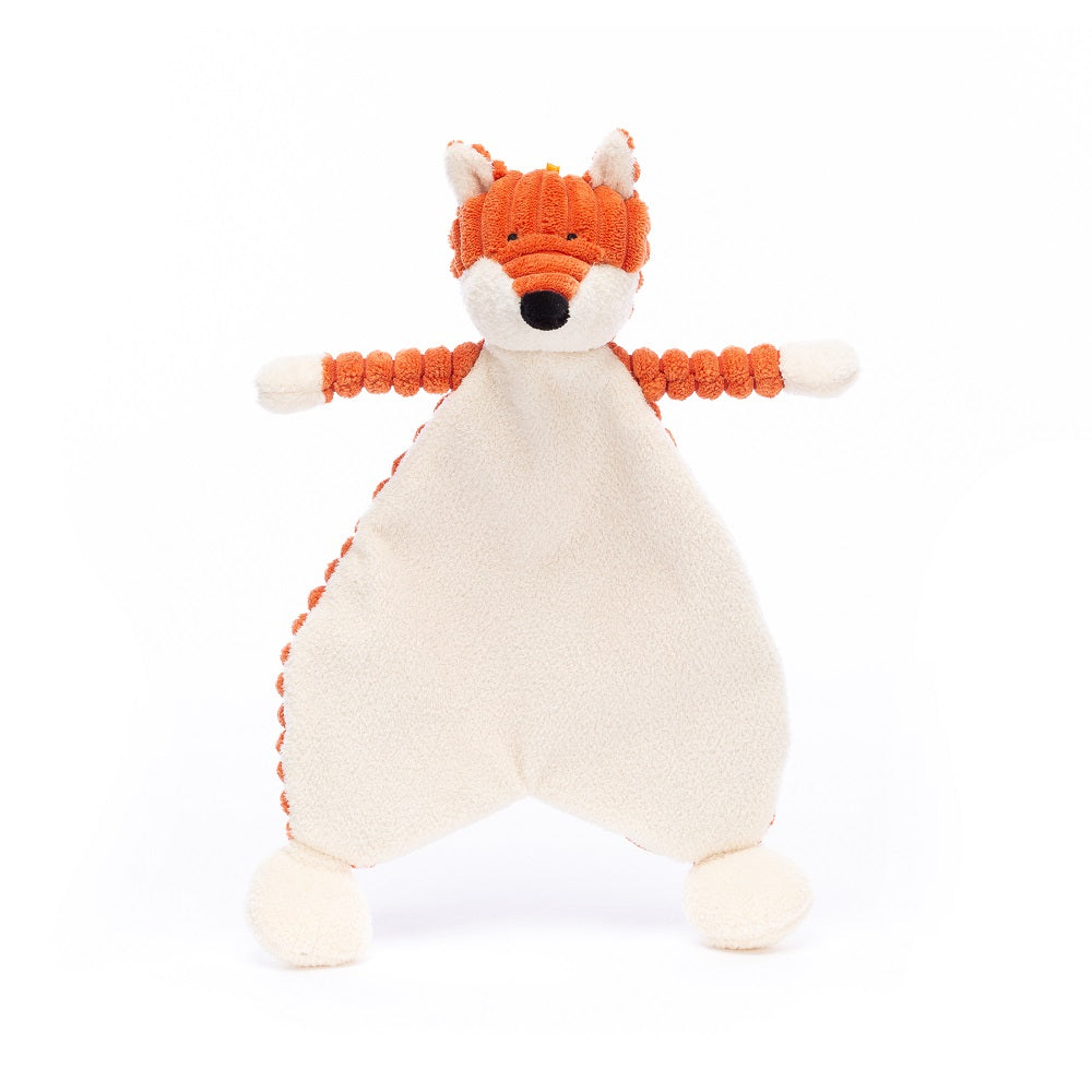 Stuffed fox plush toy with orange and white fabric.